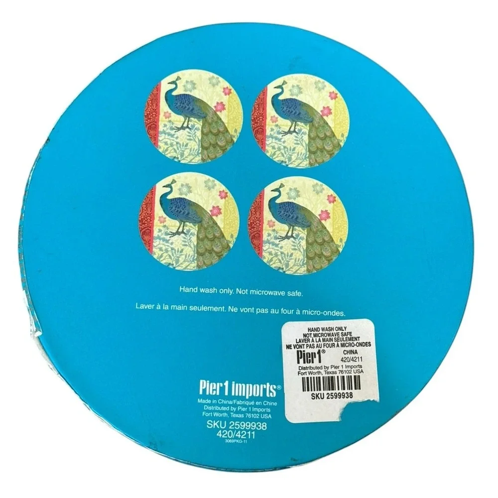 Pier 1 Peacock‎ Appetizer Plates Set 4 Glass Foil Boho Dessert 6 Inch